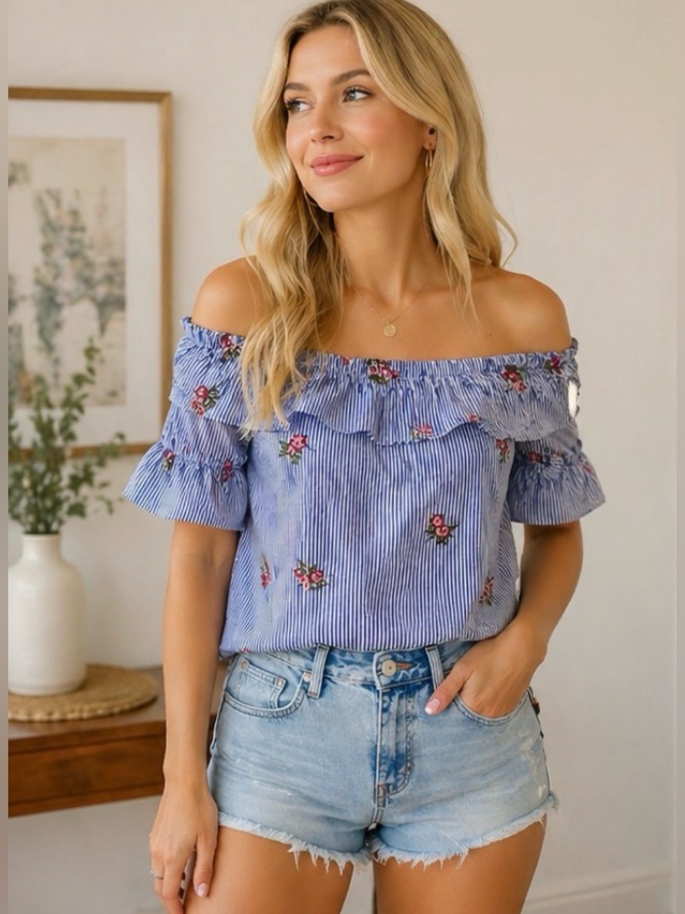 51 Active USA Blue White Stripe Floral Embroidered Off Shoulder Ruffle Top M